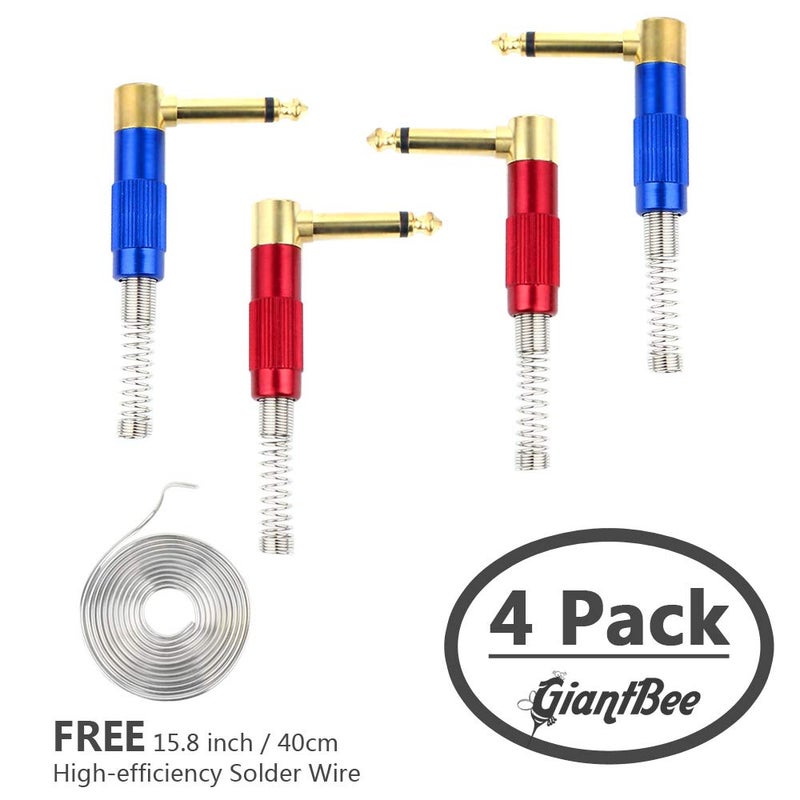 GiantBee 1/4" Audio Plugs 6.35 mm Plug TS Male 1/4 inch Heavy Duty Solder Type Mono Connector with Spring, Right Angle for DJ Mixer, Speaker Guitar Cables, Patch Cable, Microphone Cable Blue+Red (4 Pack) - Image 2